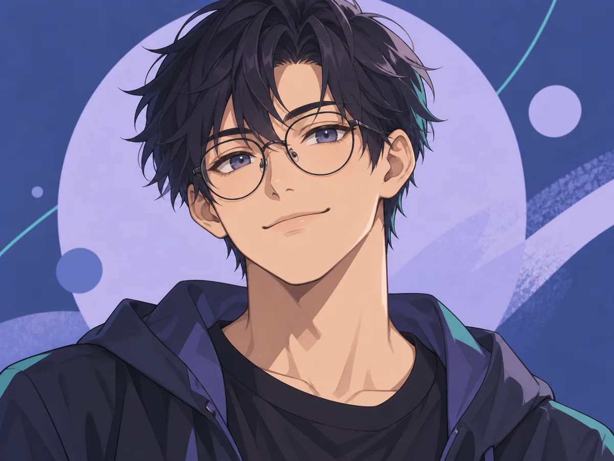 Original anime profile portrait with round glasses
