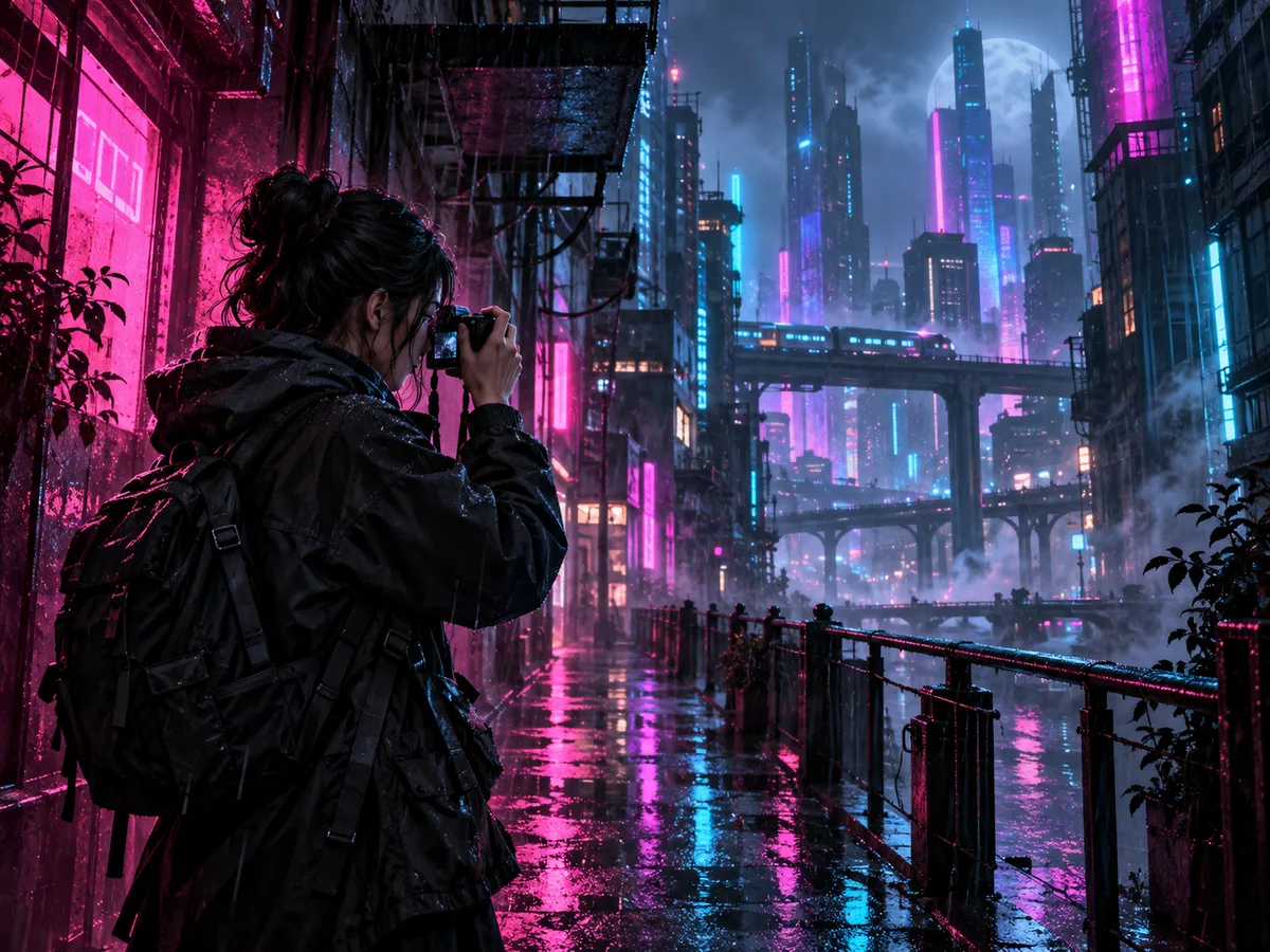 Street photographer in a rain-soaked neon futuristic city